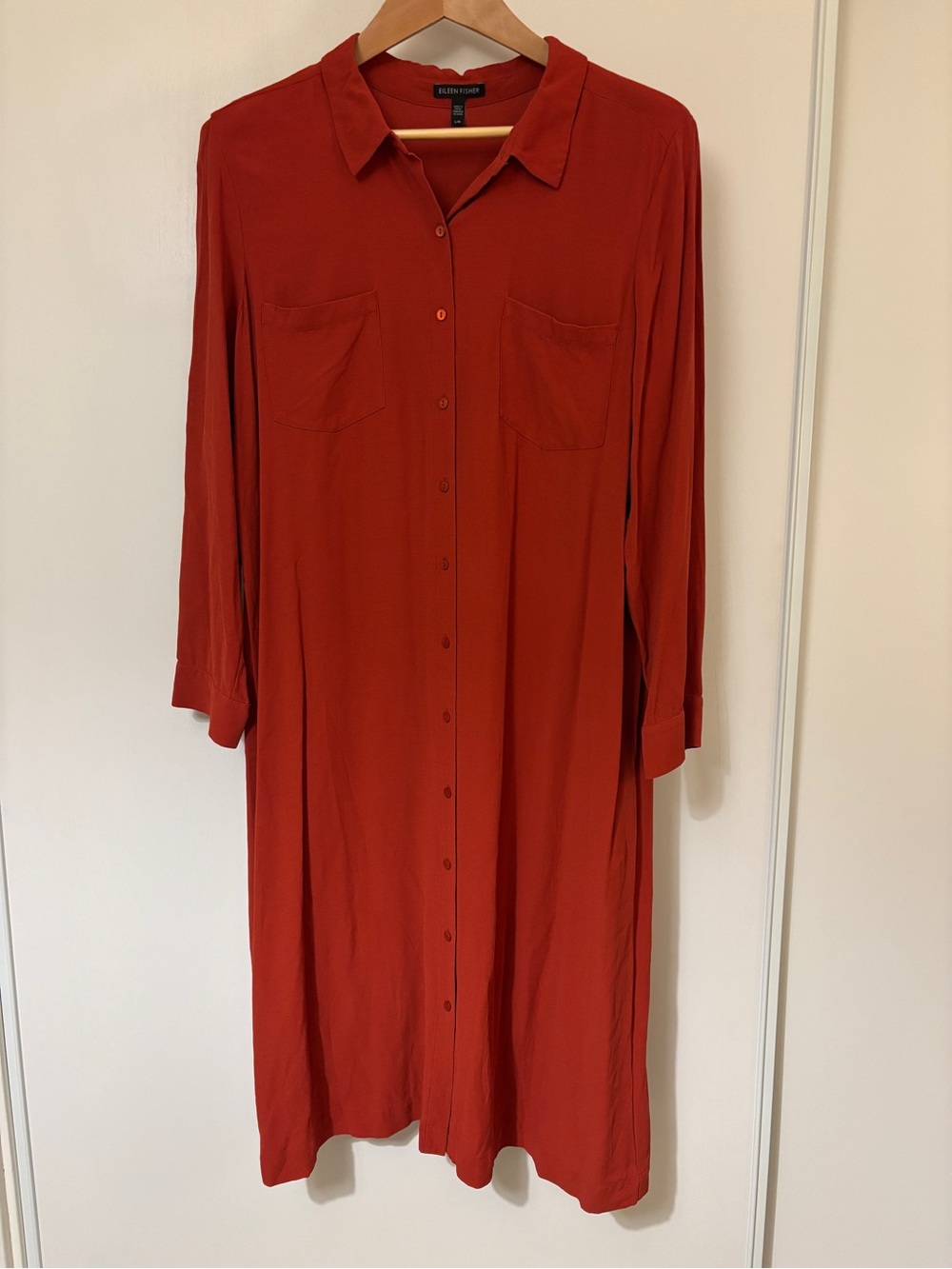 Eileen Fisher Silk Shirt Dress Brick Red Size Large Long Sleeve Classic Collar - Picture 2 of 11